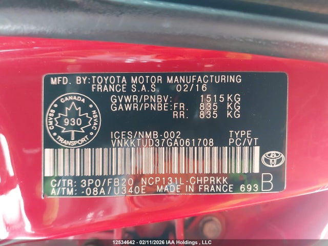 VNKKTUD37GA061708 Toyota Yaris L/le/se