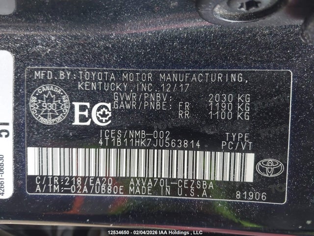 4T1B11HK7JU563814 Toyota Camry