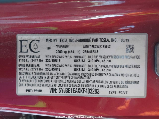 5YJ3E1EAXKF403283 Tesla Model 3 Long Range/mid Range/standard Range/standard Range Plus