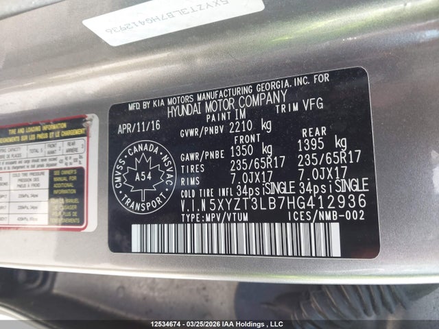 12534674 :رقم المزاد ، 5XYZT3LB7HG412936 vin ، 2017 Hyundai Santa Fe Sport مزاد بيع