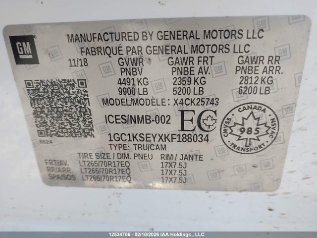 1GC1KSEYXKF188034 Chevrolet Silverado 2500hd Lt