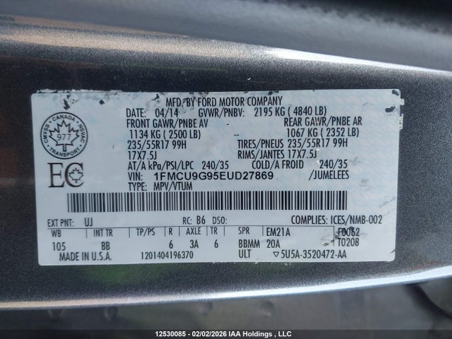 12530085 :رقم المزاد ، 1FMCU9G95EUD27869 vin ، 2014 Ford Escape Se مزاد بيع