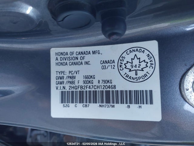 2012 Honda Civic Lx მანქანა იყიდება აუქციონზე, vin: 2HGFB2F47CH120468, აუქციონის ნომერი: 12534721