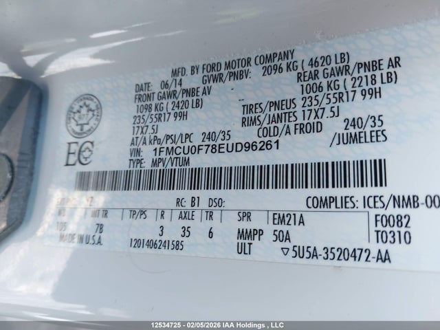 12534725 :رقم المزاد ، 1FMCU0F78EUD96261 vin ، 2014 Ford Escape S مزاد بيع