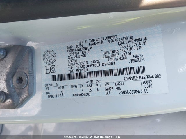 12534725 :رقم المزاد ، 1FMCU0F78EUD96261 vin ، 2014 Ford Escape S مزاد بيع
