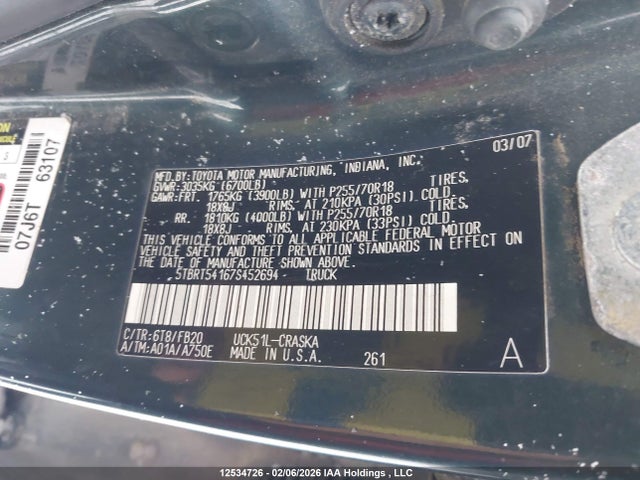 12534726 :رقم المزاد ، 5TBRT54167S452694 vin ، 2007 Toyota Tundra Double Cab Sr5 مزاد بيع