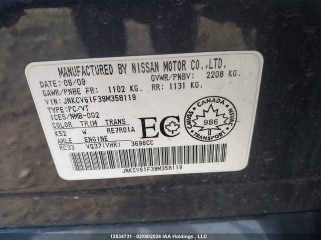 12534731 :رقم المزاد ، JNKCV61F39M358119 vin ، 2009 Infiniti G37 مزاد بيع