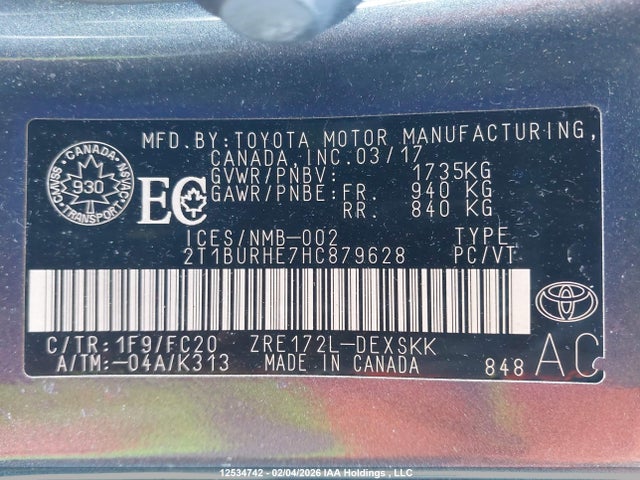 2017 Toyota Corolla L/le/xle/se/xse მანქანა იყიდება აუქციონზე, vin: 2T1BURHE7HC879628, აუქციონის ნომერი: 12534742