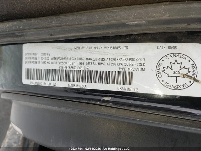 12534744 :رقم المزاد ، 4S4BP60C196312397 vin ، 2009 Subaru Legacy Outback مزاد بيع