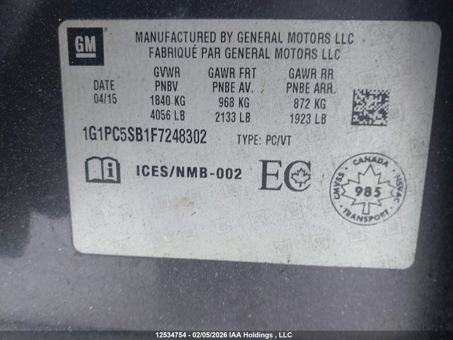 12534754 :رقم المزاد ، 1G1PC5SB1F7248302 vin ، 2015 Chevrolet Cruze 1lt مزاد بيع
