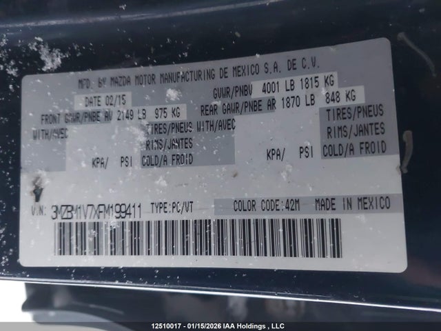 3MZBM1V7XFM199411 Mazda Mazda3 Gs