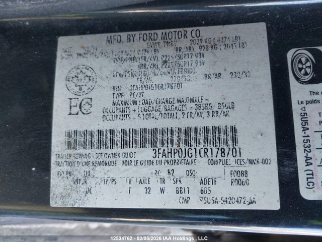 2012 Ford Fusion მანქანა იყიდება აუქციონზე, vin: 3FAHP0JG1CR178701, აუქციონის ნომერი: 12534762