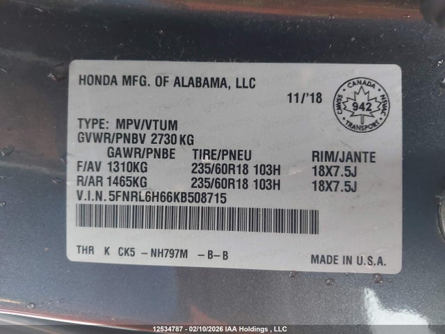 5FNRL6H66KB508715 Honda ODYSSEY EXL