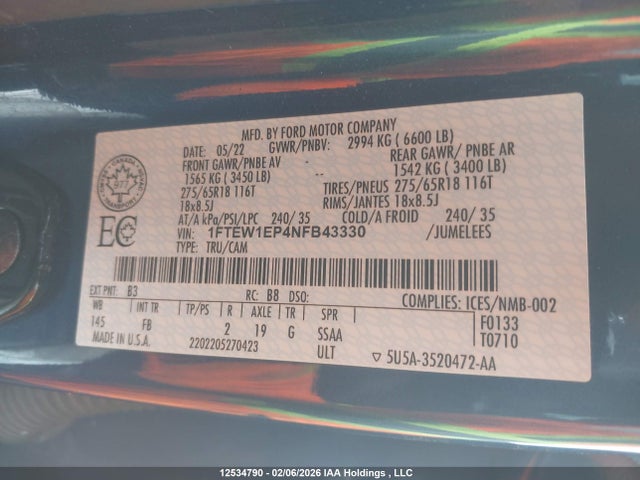 Aukcja sprzedaży 2022 Ford F150 Supercrew, vin: 1FTEW1EP4NFB43330, numer aukcji: 12534790