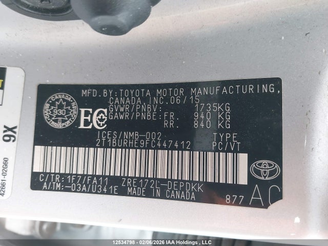 12534798 :رقم المزاد ، 2T1BURHE9FC447412 vin ، 2015 Toyota Corolla مزاد بيع