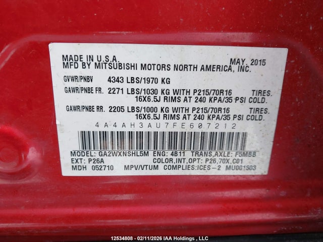 Aukcja sprzedaży 2015 Mitsubishi Rvr, vin: 4A4AH3AU7FE607212, numer aukcji: 12534808