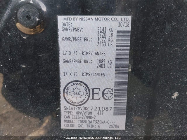 5N1AT2MV0KC721087 Nissan Rogue S/sl/sv