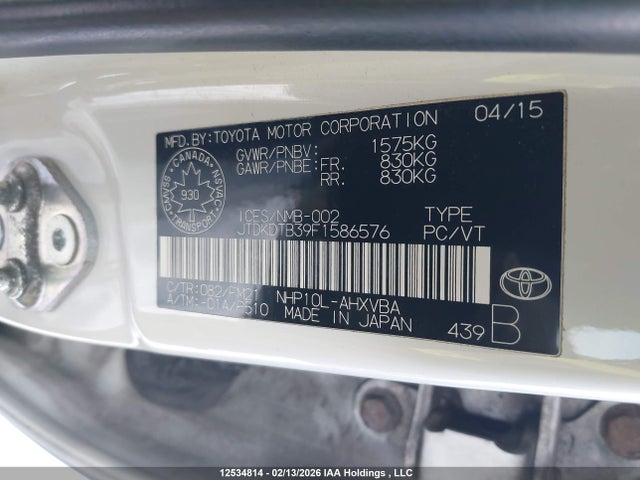 JTDKDTB39F1586576 Toyota PRIUS C