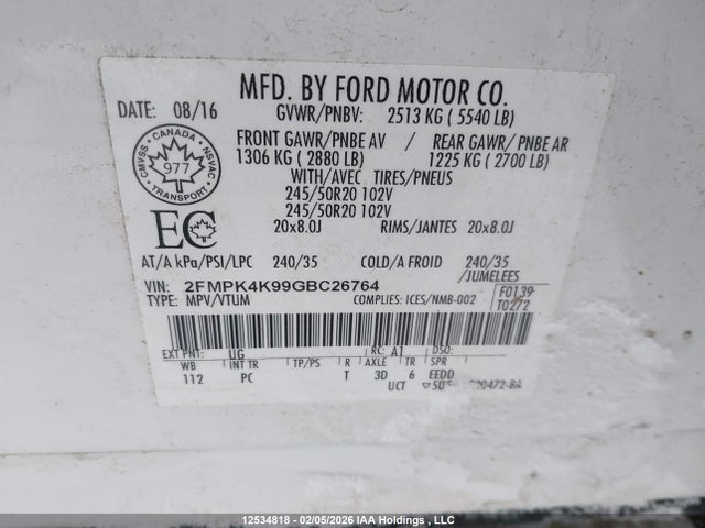 12534818 :رقم المزاد ، 2FMPK4K99GBC26764 vin ، 2016 Ford Edge Titanium مزاد بيع