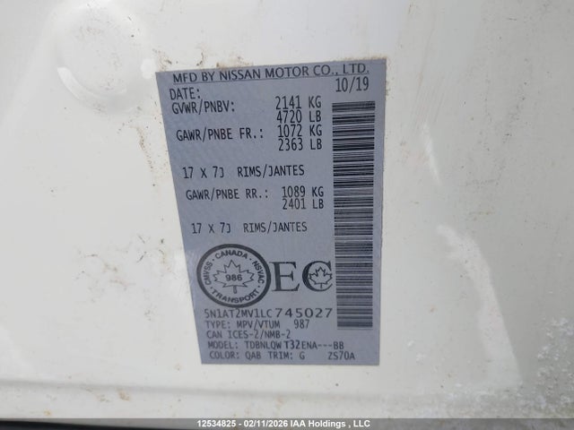 5N1AT2MV1LC745027 Nissan Rogue S/sl/sv