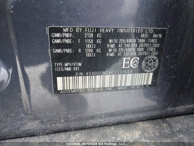 Продаж на аукціоні авто 2016 Subaru Outback 2.5i Limited Package, vin: 4S4BSCNC4G3337668, номер лоту: 12534828