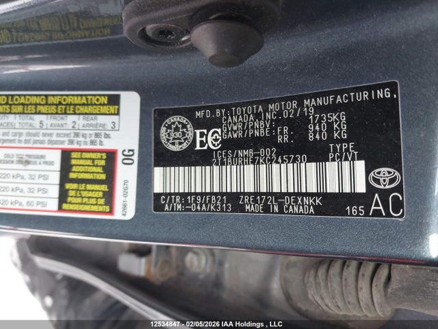 2T1BURHE7KC245730 Toyota COROLLA LE