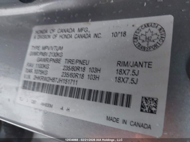 2HKRW2H87JH151711 Honda Cr-v Ex-l