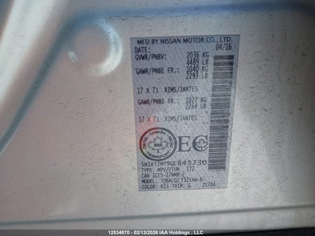 5N1AT2MT9GC843730 Nissan ROGUE S/SV