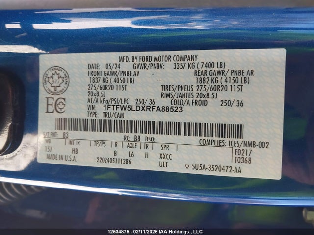 2024 Ford F-150 Lariat მანქანა იყიდება აუქციონზე, vin: 1FTFW5LDXRFA88523, აუქციონის ნომერი: 12534875