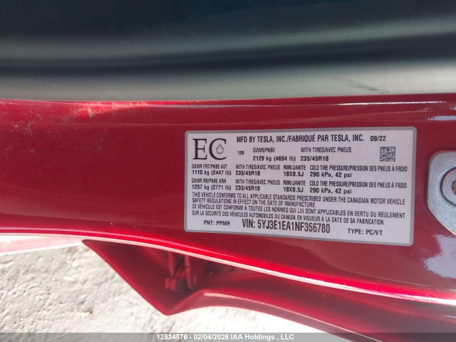 5YJ3E1EA1NF356780 Tesla MODEL 3