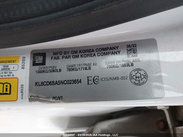 2022 Chevrolet Spark 1lt მანქანა იყიდება აუქციონზე, vin: KL8CD6SA5NC023654, აუქციონის ნომერი: 12534897
