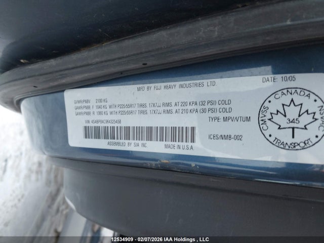 2006 Subaru Legacy Outback 3.0r მანქანა იყიდება აუქციონზე, vin: 4S4BP84C964325458, აუქციონის ნომერი: 12534909