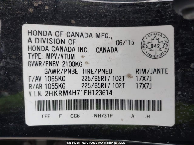 2HKRM4H71FH123614 Honda Cr-v Ex-l