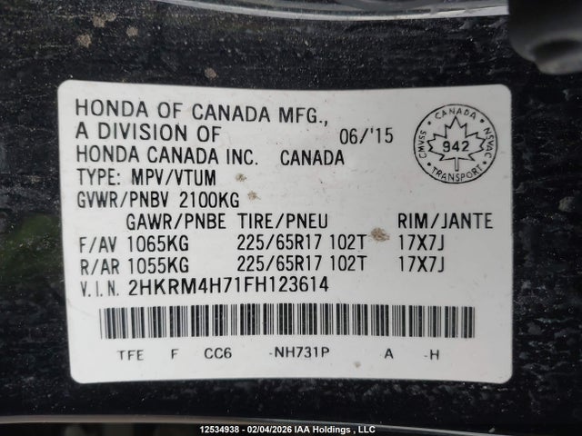 2HKRM4H71FH123614 Honda Cr-v Ex-l