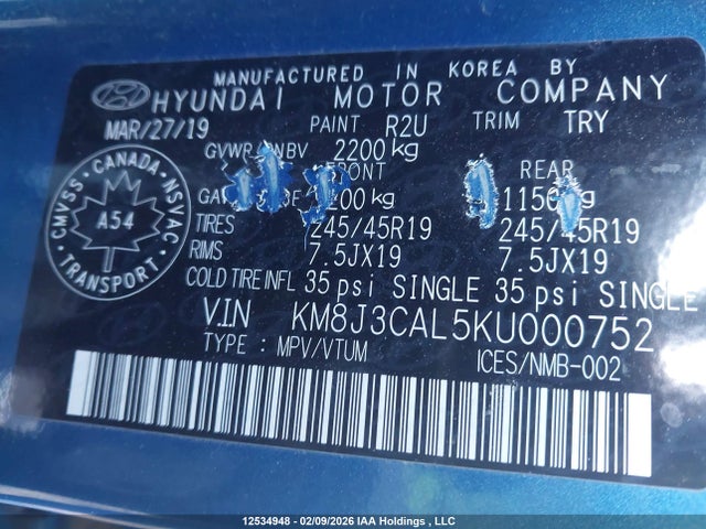 KM8J3CAL5KU000752 Hyundai Tucson Ultimate