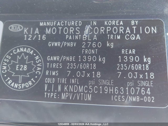 KNDMC5C19H6310764 KIA Sedona Sx+