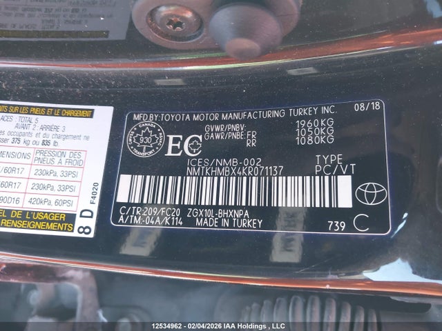 12534962 :رقم المزاد ، NMTKHMBX4KR071137 vin ، 2019 Toyota C-hr Xle مزاد بيع