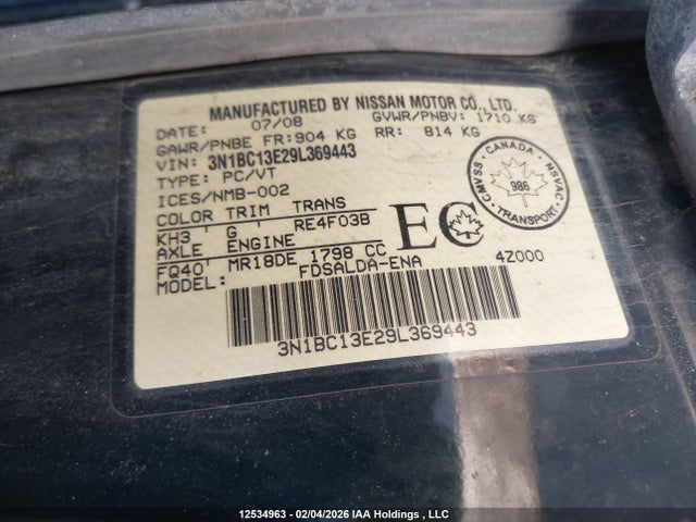 12534963 :رقم المزاد ، 3N1BC13E29L369443 vin ، 2009 Nissan Versa مزاد بيع