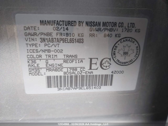 3N1AB7AP9EL651403 Nissan Sentra 1.8 S/1.8 Sl/1.8 Sr/1.8 Sv