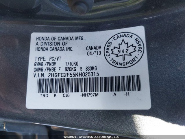2HGFC2F55KH025315 Honda Civic Lx