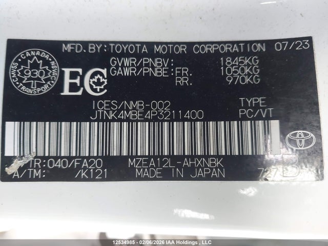 JTNK4MBE4P3211400 Toyota COROLLA SE