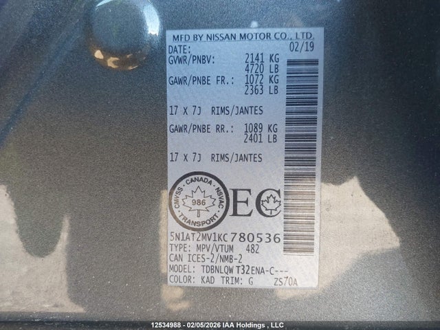 5N1AT2MV1KC780536 Nissan Rogue S/sl/sv
