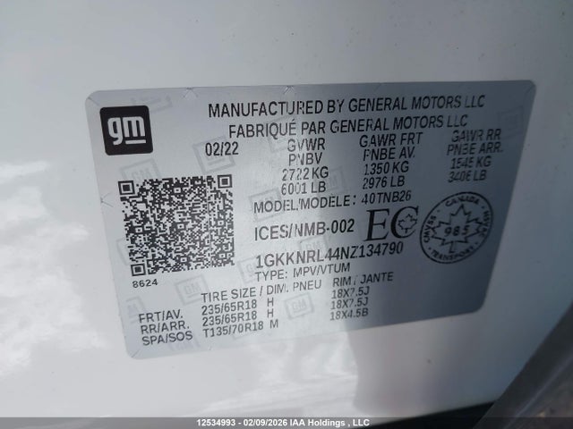1GKKNRL44NZ134790 GMC ACADIA SLE