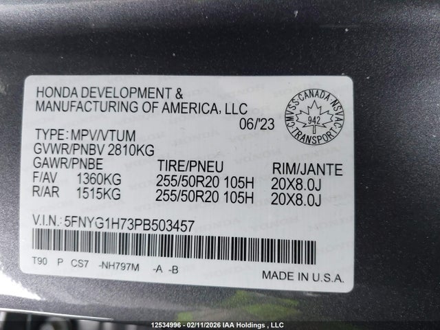 5FNYG1H73PB503457 Honda Pilot