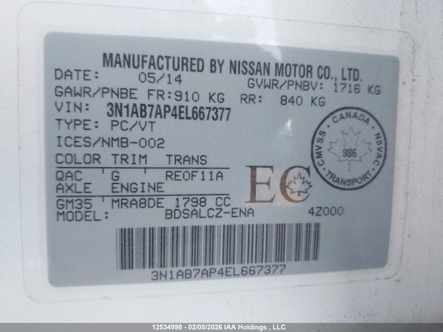 3N1AB7AP4EL667377 Nissan Sentra 1.8 S/1.8 Sl/1.8 Sr/1.8 Sv