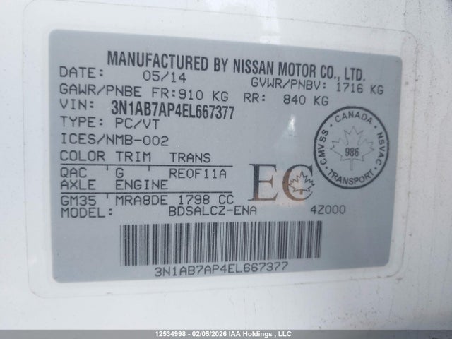 3N1AB7AP4EL667377 Nissan Sentra 1.8 S/1.8 Sl/1.8 Sr/1.8 Sv