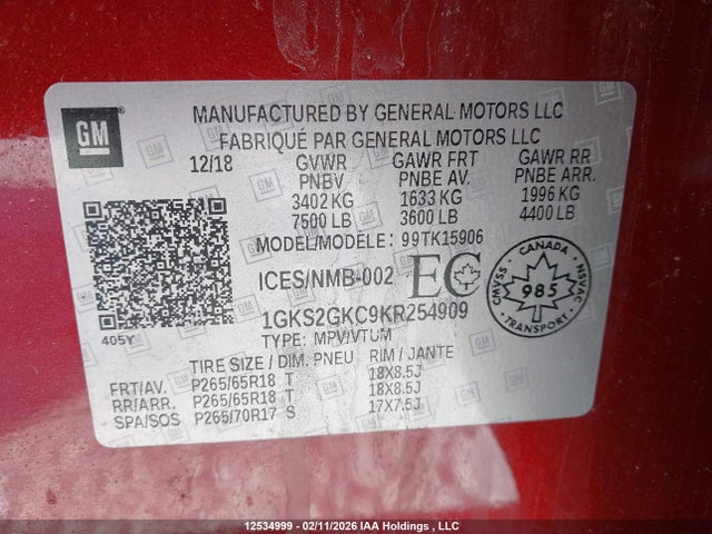 1GKS2GKC9KR254909 GMC Yukon Xl Slt