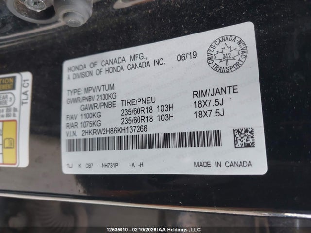 2HKRW2H86KH137266 Honda CR-V EXL