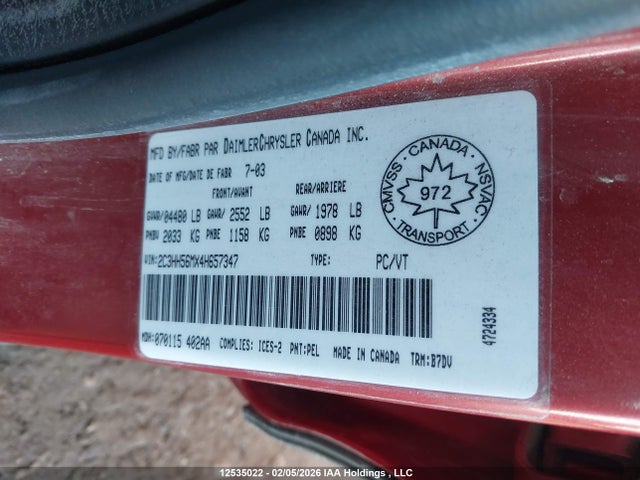 Auction sale of the 2004 Chrysler Intrepid Es/sxt, vin: 2C3HH56MX4H657347, lot number: 12535022