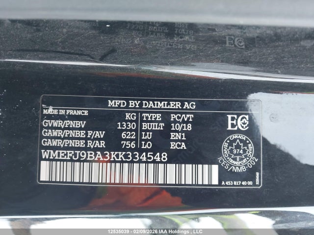 WMEFJ9BA3KK334548 Smart Fortwo